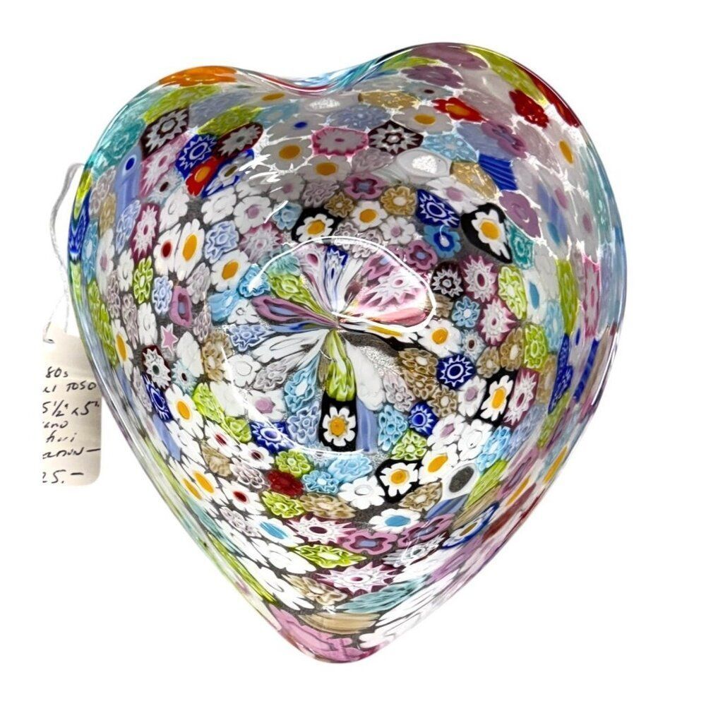 1980s Fratelli Toso Murano Millefiori Heart Glass Bowl Trinket Jewelry Dish VTG